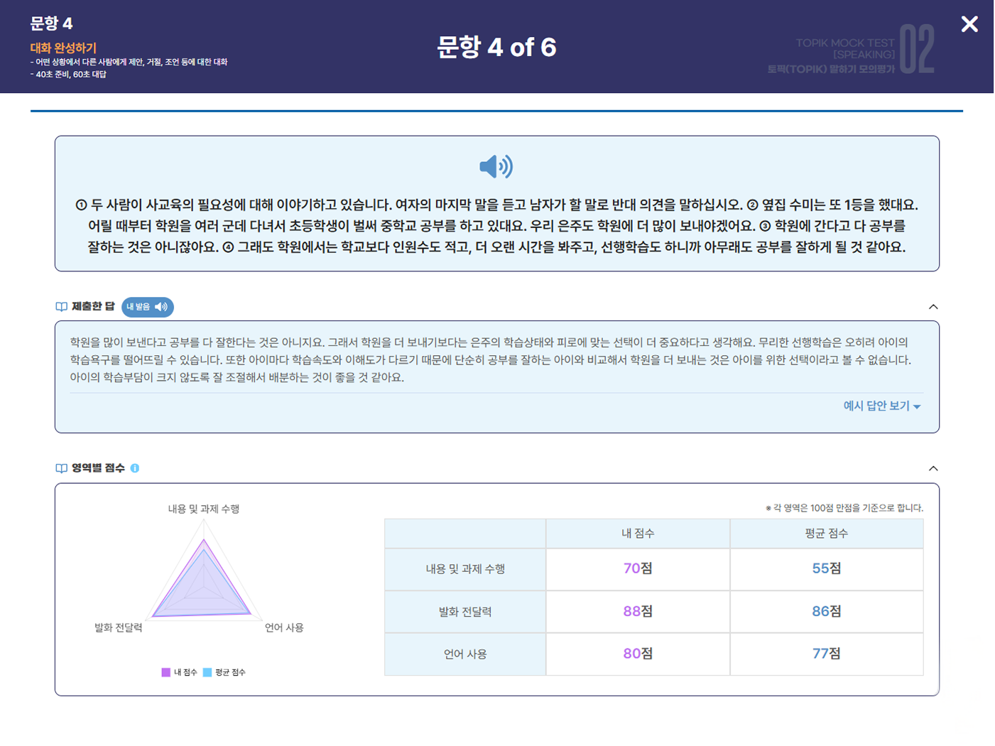 문항 내용과 발화 내용 확인 화면 캡처