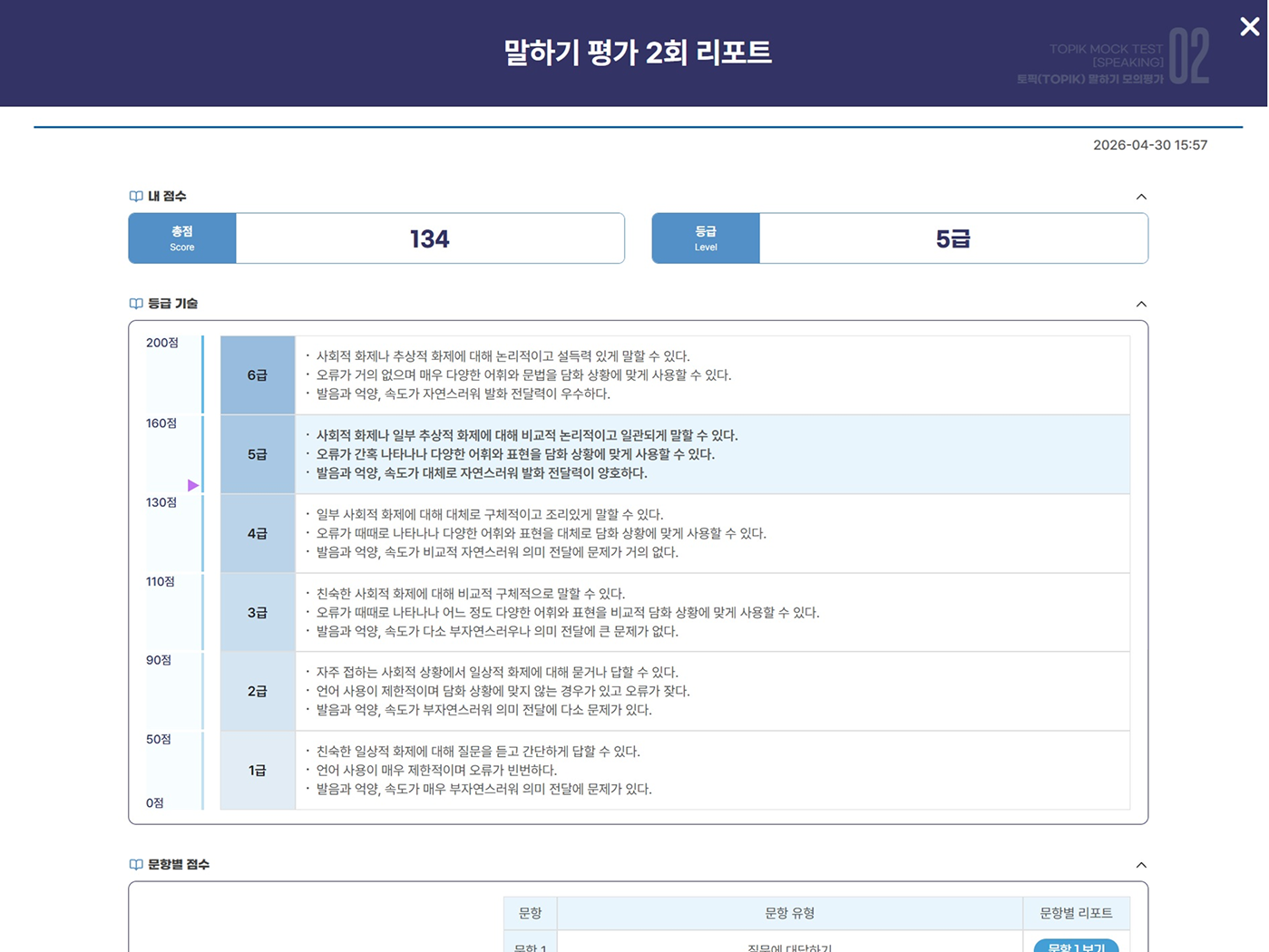실제 시험에 맞춘 등급 및 점수 화면 캡처